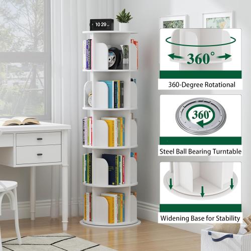 Rotating Bookshelf Tower 5 Tier,Spinning Bookcase, Revolving 360 Book Shelf Narrow Tall Bookcase, Vertical Turning Round storage Bookshelf ,Book Shelf Organizer for Bedroom, Living Room, White