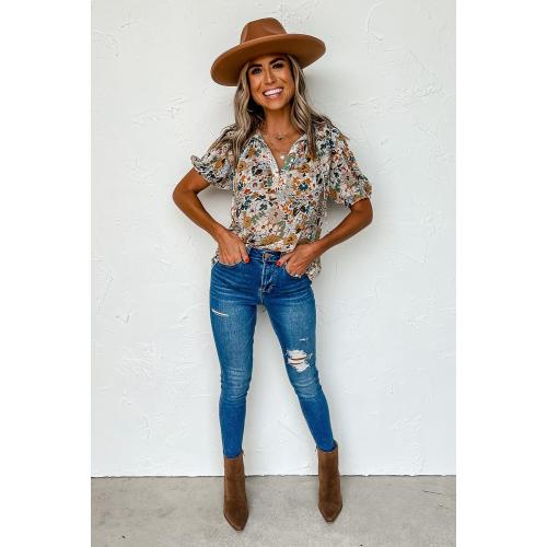 Size XL ..Women's Casual Chiffon Crew Neck Floral Print Ruffle Bubble Sleeve Blouse Fashion Loose Soft Summer Shirt Pullover Top