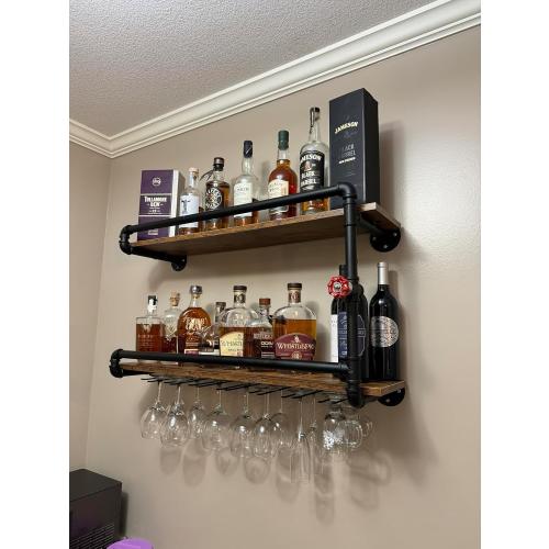 Wine Rack Wall Mounted 2 Tier, Hanging Floating Bar Liquor Shelves with Glass Holder Storage Under, Industrial Rustic Pipe Farmhouse Kitchen Decor Black(35.4x10.6x19.7)