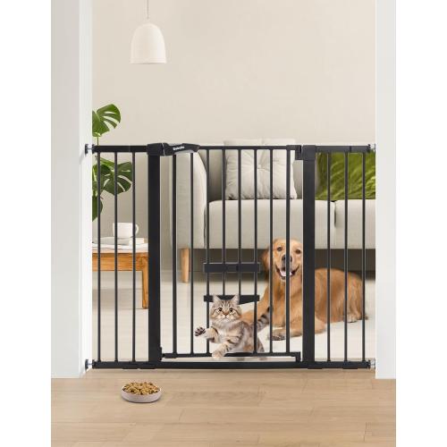BABELIO 36 Inch Extra Tall Baby Gate with Cat Door, 29-48 Auto Close Pet Door for Stairs, Doorways and House, with Wall Cups, Black