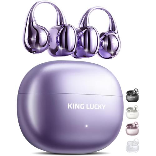 King Lucky Clip-On Earbuds Gen 3, Open-Ear Wireless Bluetooth 6.0 Headphones with Mic, Secure Fit for Small Ears & Glasses Wearers, 50H Playtime, ENC, IPX5 Waterproof Sport Ear Buds (Purple)