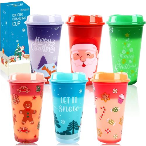 6pcs Christmas Color Changing Hot Cups with Lids, Plastic Reusable Hot Coffee Cups for Adults Kid Winter Christmas Holiday Birthday Party Cups Tumblers, 16 Oz