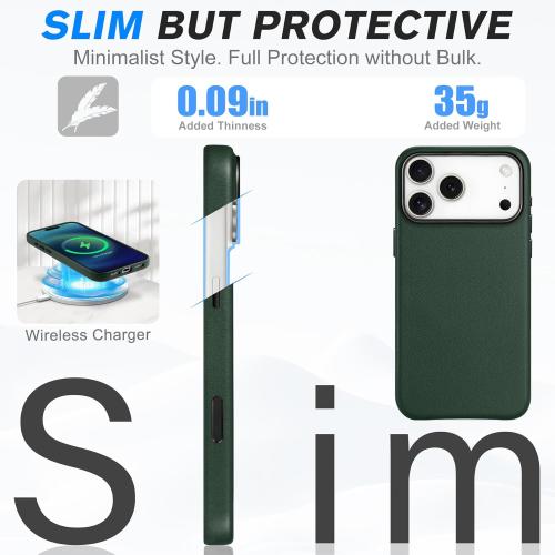 SHIELDON Genuine Leather Case for iPhone 17 Pro Max 6.9 2025 | [Camera Button Updated], Compatible with Magsafe, Magnetic Wireless Charging, Slim Fit, Shockproof, Protective Phone Cover - Evergreen
