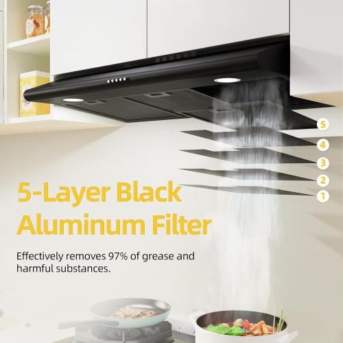 FIREGAS 36 Inch Black Under Cabinet Range Hood, 300 CFM Ducted/Ductless Convertible Kitchen Hood with 3-Speed Stove Vent Fan, LED Lights, Aluminum Filters & Charcoal Filters