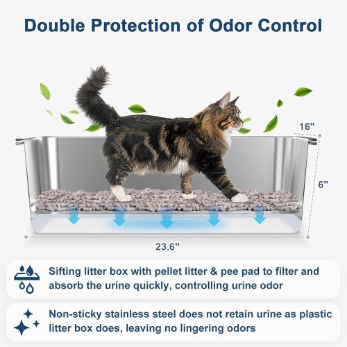 23.6''x16''x12'' Enclosed Stainless Steel Litter Box with Lid, XL Sifting Litter Box for Pine Pellets, High Sides Metal Litter Box System for Big Cats, Anti-Leakage, Easy Cleaning, Less Tracking