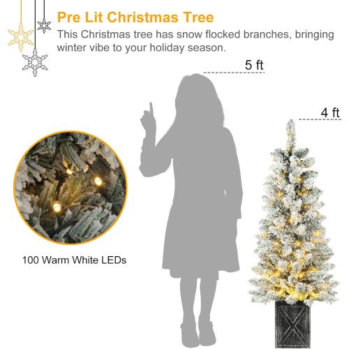 4FT Prelit Christmas Tree 2-Pack Snow Flocked Artificial Potted Christmas Tree with 100 Warm White LEDs Battery Powered & 8 Lighting Modes for Xmas Porch Entrance Decorations