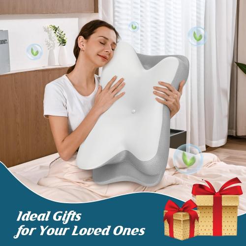 White and Grey Cervical Neck Pillow - Cooling Pillow for Neck Pain Relief, Ergonomic Side Sleeper Pillow for Sleeping, Contour Orthopedic Memory Foam Pillows for Back & Stomach Sleepers with Pillowcase