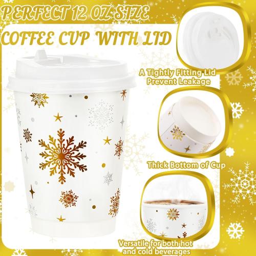 100 Pcs Christmas Coffee Cups with Lids 12oz Gold Foil Snowflake Paper Cups Insulated Cups for Xmas Hot Cocoa Beverage Winter Party Supplies Hot Chocolate Coffee Water Tea Xmas Holiday Supplie