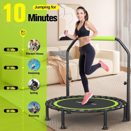 Foldable Mini Trampoline, 40/48 Rebounder Trampoline for Adults & Kids, 450lbs Capacity with U-Shaped Adjustable Bar, Indoor Fitness Workout Exercise Equipment