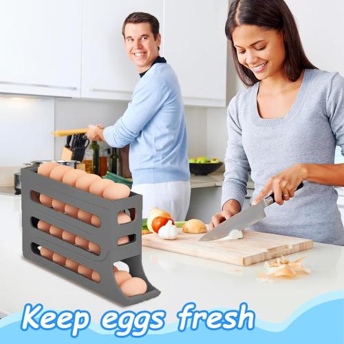 Egg Holder for Fridge, 4 Tiers Dispenser, 30 Egg Container Refrigerator, Large Capacity Organizer Automatic Fridge Rolling Egg Container for Pantry Countertop (Grey)