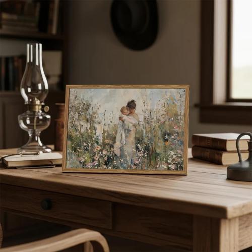 Mother Holding Child Wall Art Vintage Motherhood with Baby Wall Decor Painting Cottage Country Nursery Sign Poster Canvas Print for Kids Bedroom Living Room 24x16 inch Wood Framed