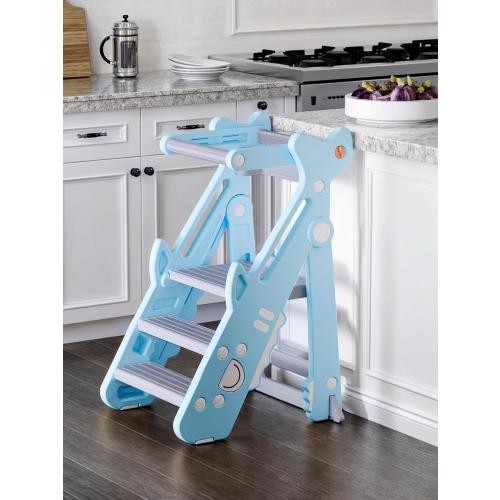 VBABY Foldable Toddler Tower, Plastic Kitchen Stool Helper for Kids, Adjustable Height Standing Tower, Certified Toddler Step Stool, Blue