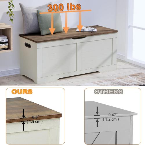 39.4 Storage Chest, Wooden Storage Bench, Lift Top Toy Chest | Large Toy Box with 2 Safety Hinges, Entryway Bench for Bedroom, Living Room, Brown and Rustic White