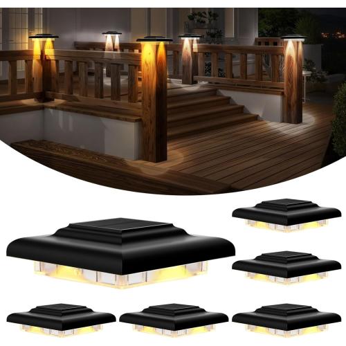 T-SUN 4x4 Solar Post Cap Lights, Fence Post Solar Lights Fit for 4x4 Vinyl Wooden Posts, IP65 Waterproof Outdoor Lighting for Stairs Step, Deck, Patio, Garden (6 Packs, Black, Warm/Cool White)