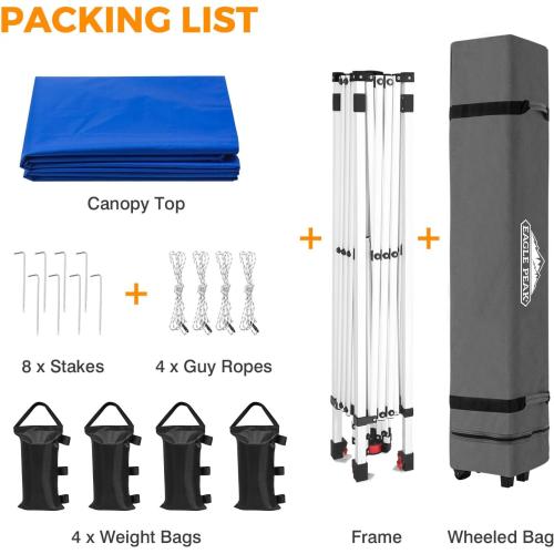 EAGLE PEAK Pop Up Canopy Tent with Wheeled Carry Bag, 8 Stakes, 4 Ropes, 4 Weight Bags, Easy Set Up Tent Canopy, 10x10 ft, 100sqft of Shade, Blue