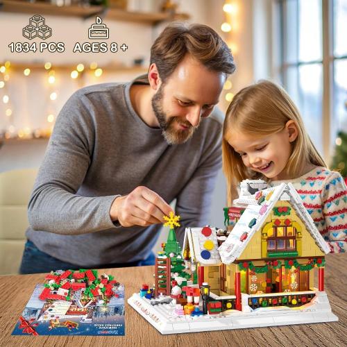 2024 Christmas Gingerbread House Mini Building Set with LED Light, 1834 PCS Winter Village Building Block Toy with Christmas Tree, Holiday Cabin Building Kit Xmas Gift for Adults Teens Kids 8