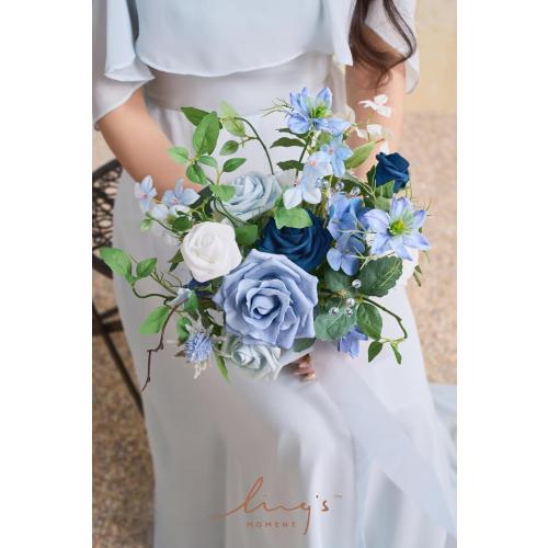 Ling's moment Artificial Flowers Fake Silk Roses Faux Foam Gardenia Combo for DIY Wedding Bouquets Centerpieces Arrangements Bridal Shower Party Home Decorations, Dusty Blue & Ivory, 23pcs