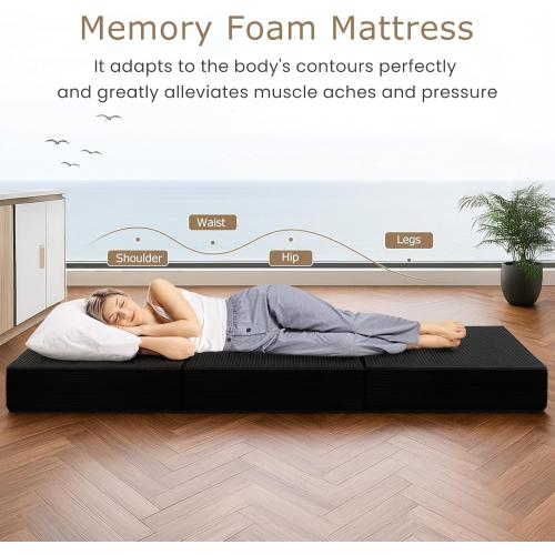 6-Inch Tri-Fold Mattress Twin Size - Foldable Futon Sofa Bed with Removable Washable Cover, Folding Memory Foam Futon Mattress | Non-Slip Bottom & Carry Handles for Guest, Camping, Dorm