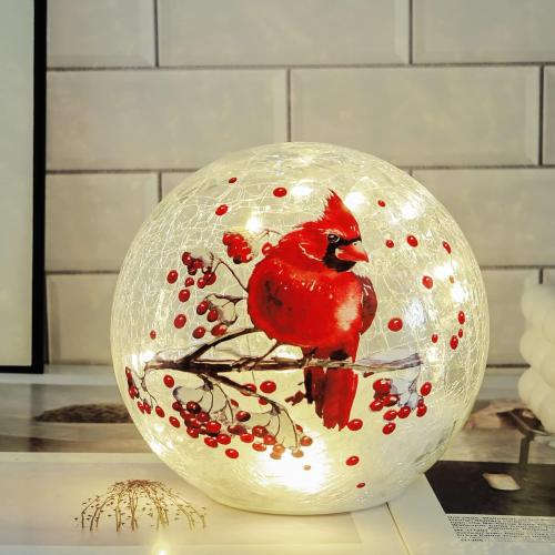 Crackle Glass Ball Cardinal Light Up Red Bird Stained Glass Christmas Decor Accent Lamp, Lighted Globe Table Orb Night Light, Mother's Day Gifts, LED Sphere Desk