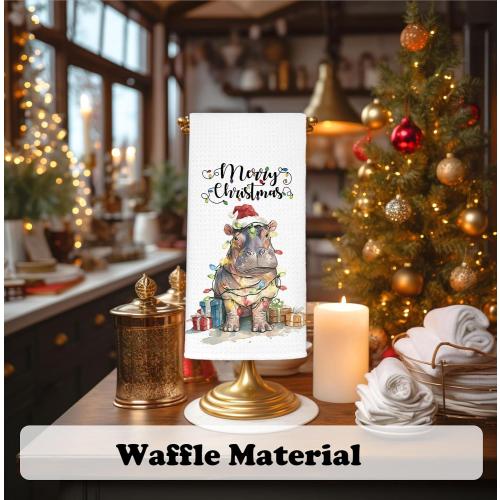 Christmas Hippo Kitchen Hand Towels,Christmas Decorations Tea Towels Dish Rags,Gifts for Women Hippo Lovers,Xmas Kitchen Bathroom Decor,16x24 Inch