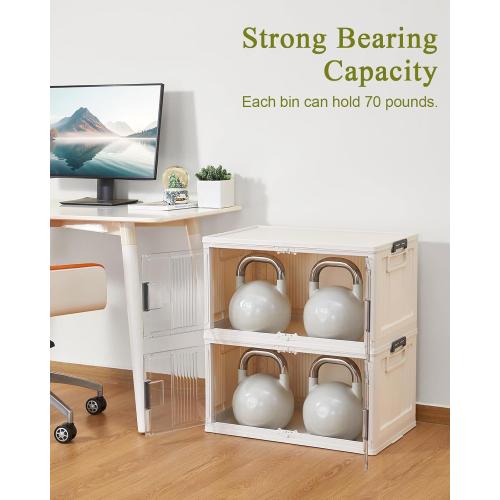 OlarHike 76QT Stackable Storage Bins with Lids - Folding Storage Box with Doors and Wheels, Collapsible Plastic Storage Bins for Closets, Home Organizers, 4 Pack Cubes (Warm Gray)