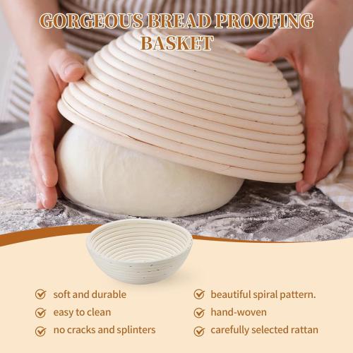 Banneton Bread Proofing Basket Banneton Basket Set Sourdough Proofing Basket Round Proofing Bowls Handmade Rattan Baskets and Liners (Round 9 inch Baking Set)