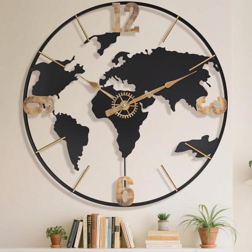 30 Inch Large Modern Decorative Metal World Map Wall Clocks Giant Extra Vintage Gold Arabic Numeral Oversized Wall Clock for Living Room,Office,Dining Room,Entryway,Fireplace