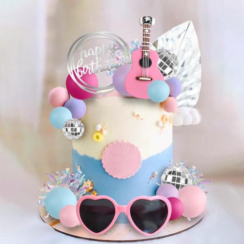 Guitar Cake Toppers Pink Blue Purple Ball Cake Toppers Silver Disco Mirror Ball Cake Decorations for Girl Guitar Musician Theme Party Kid Disco Music Birthday Supplies