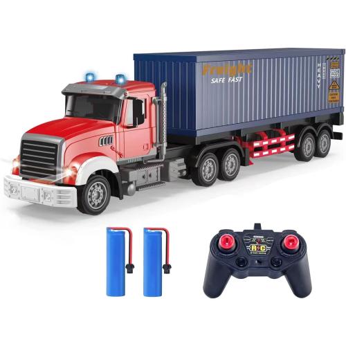 RC Semi Truck with Trailer - 22.5 Inch Semi Truck Toy for Kids, Carrier Van Transport Vehicle with 2 Rechargeable Batteries, 1:24 Container Trucks with LED Lights & Music, Great Gift For Boys Girls