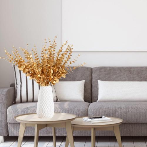 FOIMAS Gold Artificial Eucalyptus Stems,36pcs Faux Eucalyptus Branches Leaves Decor for Floral Arrangement Wedding Bouquet Home Decoration