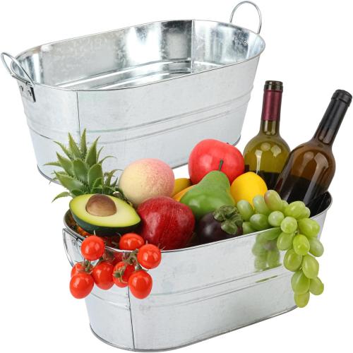 2 Pack Silvery Metal Ice Bucket with Handle, 3 Gallon Large Galvanized Bucket, Oval Beverage Tub, Wine Beer Drink Buckets, Drink Holder for Party, Cocktail Bar, Holiday, Party, Wedding