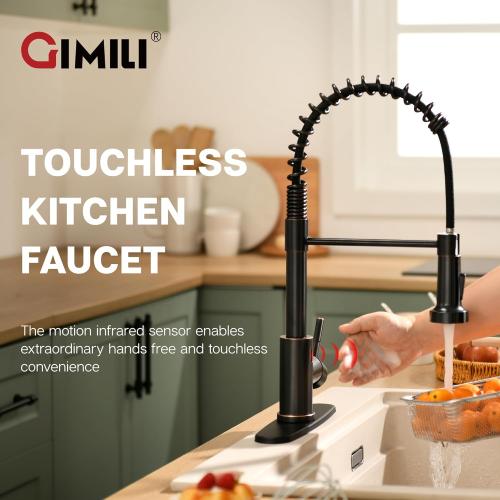 GIMILI Oil Rubbed Bronze Touchless Kitchen Faucet with AC Adapter, Motion Sensor Smart Hands Free Single Handle Kitchen Sink Faucet with Pull Down Sprayer