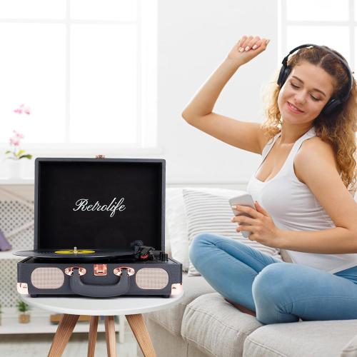 Record Player Wireless Portable Suitcase Vinyl Player with Built-in Speakers Retro Style Record Player for Vinyl Records 3-Speed RCA Line Out AUX in Vintage Turntable Upgrade Black