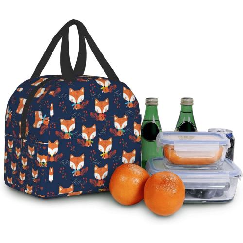 Cute Fox Lunch Bag for Women Small Insulated Lunch Box Leakproof Reusable Girls Lunchbag Office Work School Picnic Portable Black