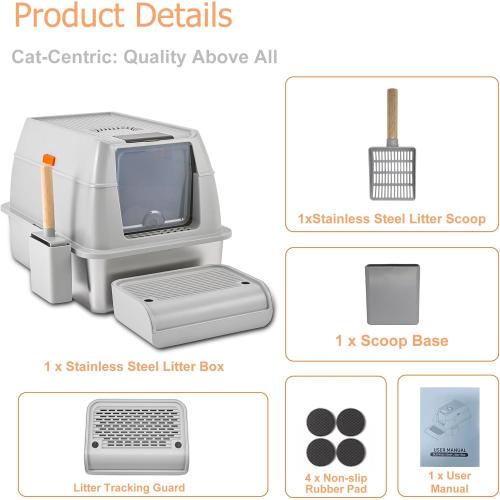 Stainless Steel Litter Box with Lid, Covered XL Extra Large Cat Litter Box Enclosure, Metal Kitty Litter Boxes with High Sided, Litter Scoop and Filter Pedal, Anti-Leakage, Non-Stick, Easy to Clean