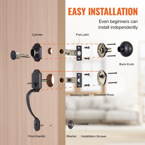 VEVOR Front Door Handle and Deadbolt Set, Front Door Lock Set with Interior Knob, Adjustable Hole Spacing Single Cylinder Handleset, for Right and Left Handed Entrance, Brushed Oil Rubbed Bronze