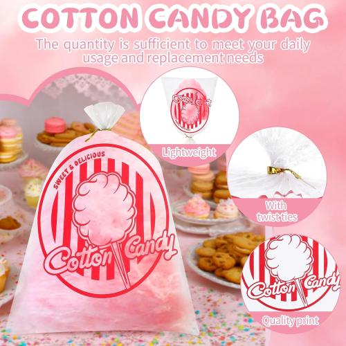 woric  Cotton Candy Bags with Ties 11.8 x 17.7 Inch Clear Cotton Candy Bags with Print for Carnivals Party and Kitchen