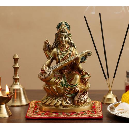 eSplanade Brass Saraswati Maa Murti Idol Statue Sculpture for Home Decor and Temple - Multicolour - 6 Inches