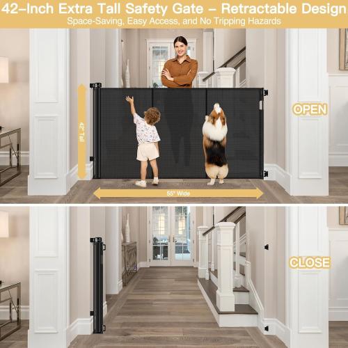 Reinforced 42 Extra Tall Pet Gate 55 Wide Retractable Baby Gate with Support Rods - Retractable Dog Gate Indoor/Outdoor Retractable Gate, Bottom Anti-Escape Tall Dog Gates for Doorways, Black