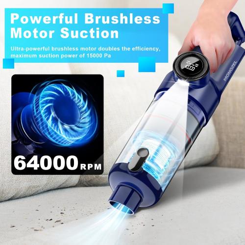 Handheld Vacuum Cordless - Car Vacuum Cleaner with Brushless Motor, 15000Pa Strong Suction with LED Light, Type C Cable, 2 Fliters, Portable Hand Vacuum for Home, Pet and Car