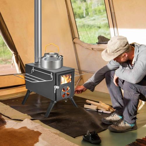 Portable Wood Stove, Foldable Hot Tent Stove, Wood Burning Stove with Chimney, No Smoke Leakage & Easy to Install, for Camping, Hunting, Ice Fishing, Cooking