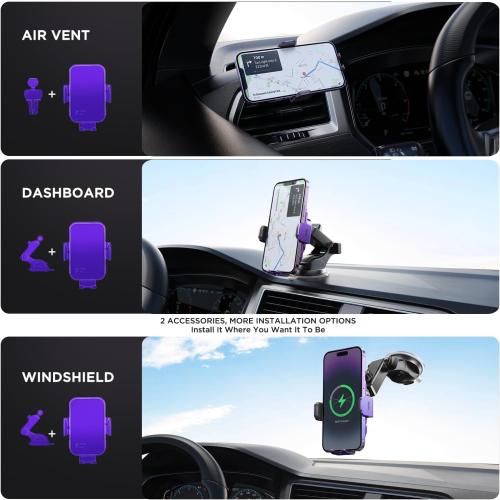 Wireless Car Charger,【7 Colored RGB Backlit】15W Auto Clamping Car Charger Phone Mount Holder for iPhone 16 15 14 13 12 Mini Pro Max 11, Samsung Galaxy S24 Ultra S23 S22 S21  S10  Note 20, etc - Purple