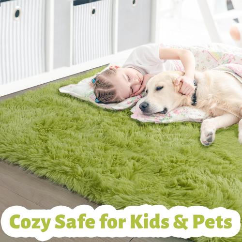 Grass Green Rugs for Bedroom, Fluffy Shag Area Rug 4x6 for Kids Room Living Room Baby Nursery Decor Aesthetic, Cute Furry Cool Shaggy Throw Bedside Fuzzy Plush Moss Carpet for Dorm Classroom Playroom