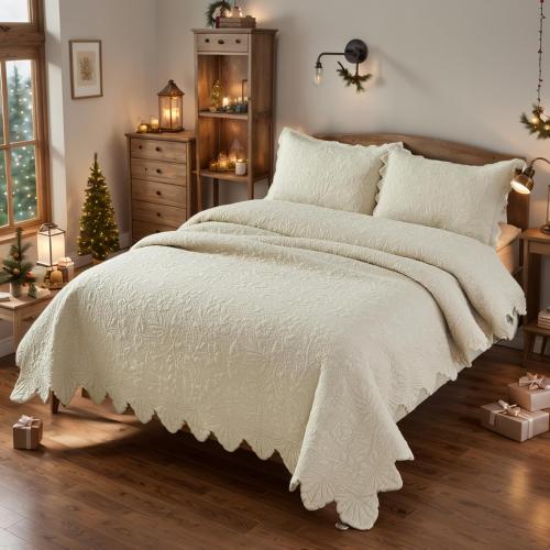 Brandream Beige Quilts Queen King Size Cotton Farmhouse Matelasse Coverlet Scalloped Edge Bedspreads Luxury Quilt Bedding Set 3-Piece 98x106
