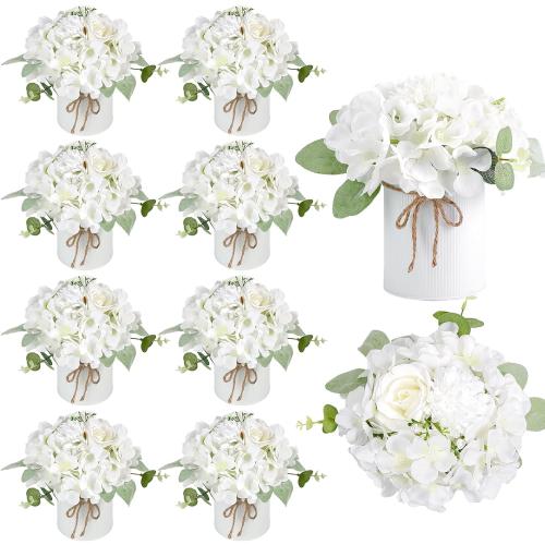 Auihiay 10PCS Flower Centerpieces for Tables, Hydrangea Artificial Flowers with Metal Vase, Artificial Rose Baby's Breath Flower Bouquets for Spring Wedding Bridal Tea Party Table Home Reception Decor