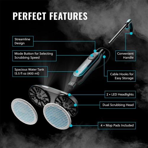 Pursteam ScrubMaster Steam Mop with Dual Scrubbing Head, LED Headlights, Adjustable Steam Control, Anti-Slip Swivel Head, Cable Holder & Upright Lock