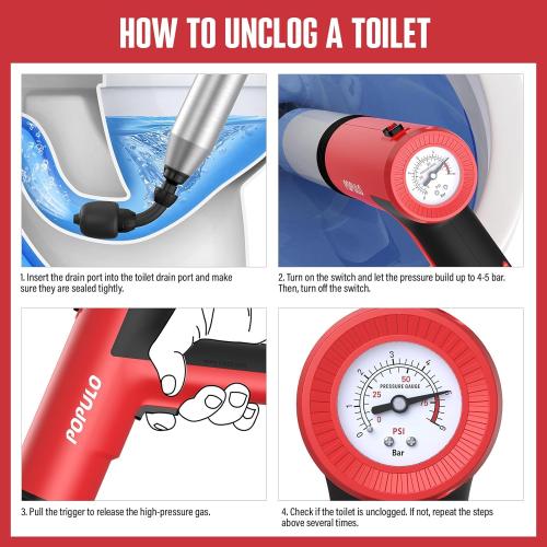 POPULO Electric Toilet Plunger Swift High Pressure Drain Unclogger Plungers for Bathroom, Floors, Shower Heavy Duty Versatile Home Toilet Clog Remover