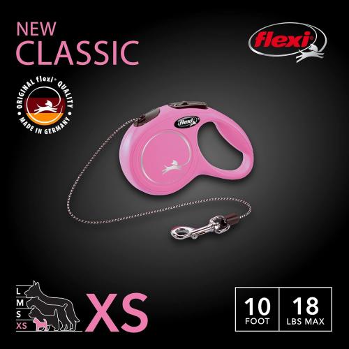FLEXI New Classic Cord Retractable Dog Leash for X-Small Dogs up to 18 lbs. – 10 ft., Pink | Tangle-Free Pet Walking Leash with One-Handed Brake, Pause, Lock|German Quality Product