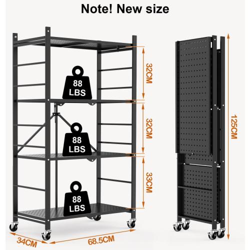 Size 4 tier Color Black  Storage Shelves with 20 Hooks, 4-Tier Foldable Shelves for Storage, Folding Shelf Unit Pantry Shelves with Wheels, Metal Shelving Storage Rack Shelf for Kitchen Garage Home, Black - No Assembly