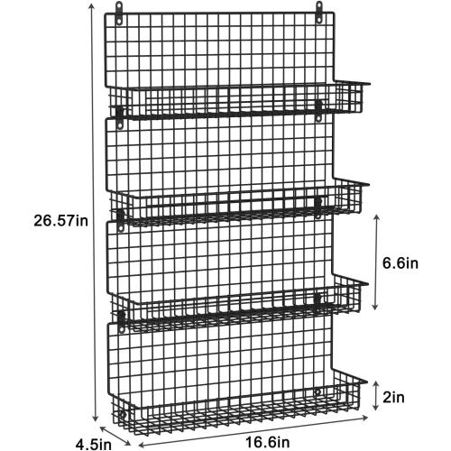 X-cosrack Upgraded Foldable Large 4 - Tier Wall Mounted Spice Rack Organizer, Stackable Storage with 5 Hooks, Holds 80 Jars for Kitchen Pantry Organization (Patent:D909138S)